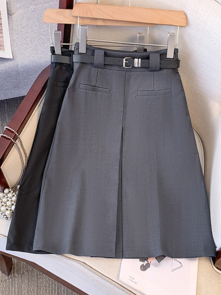 A-Line Skirt Midi - Jupe mi-longue grise pour femme, printemps-automne,
