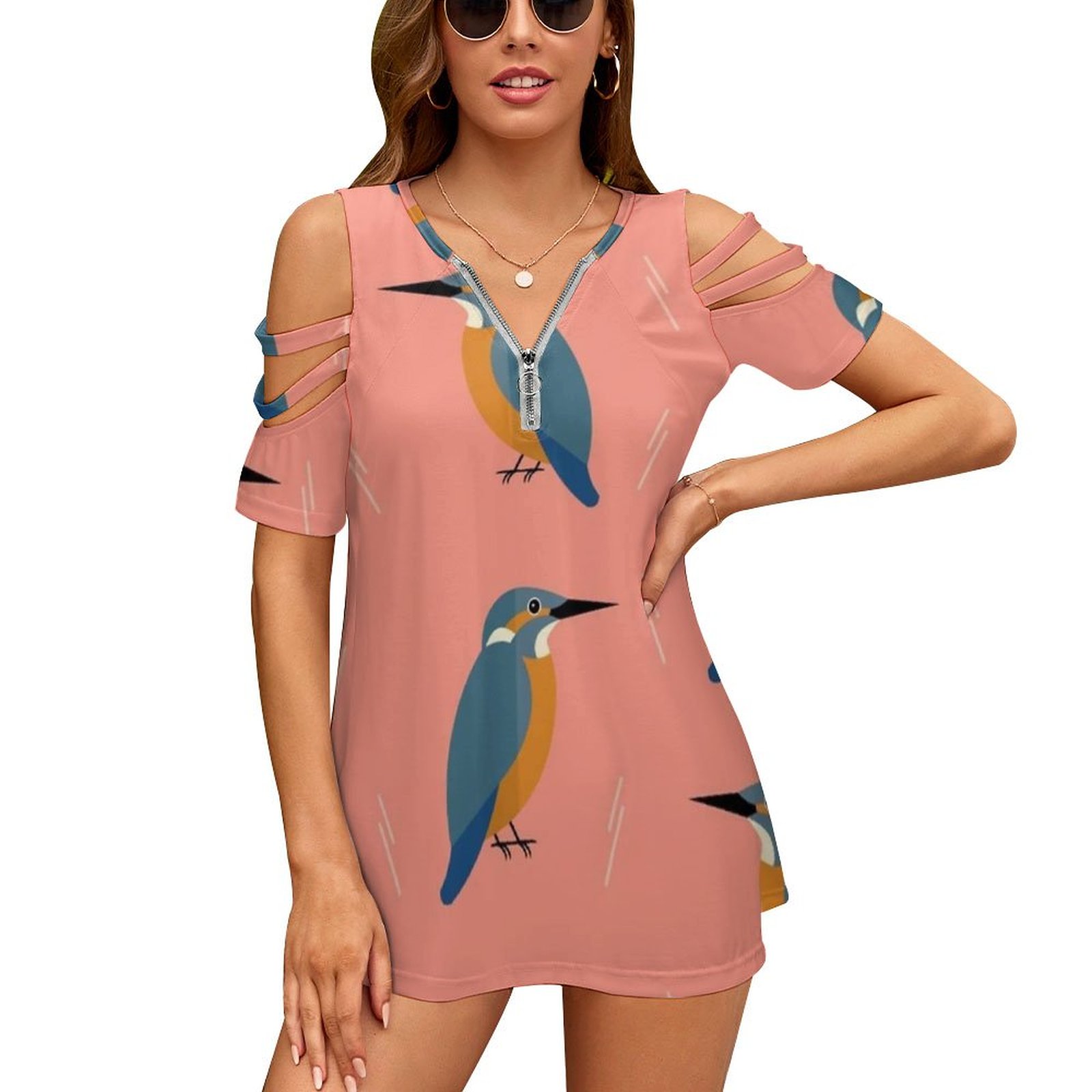 Women Fashion Vector - Kingfishers Everywhere-Chemise à manches courtes pour