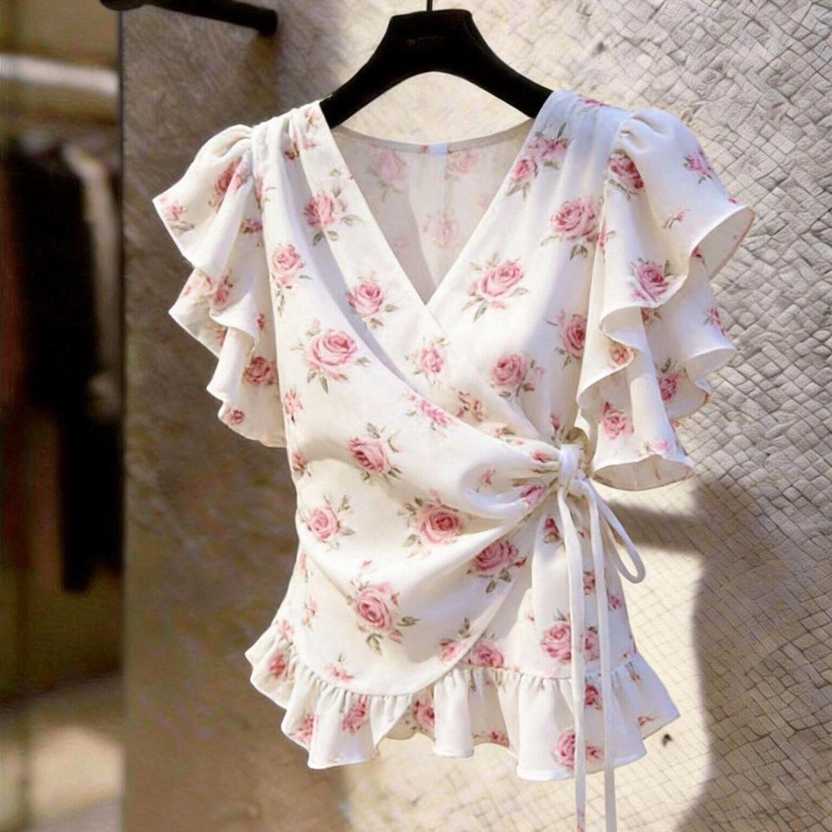 Chemisier en mousseline rose à - Wrap Blouse Chiffon avis et prix